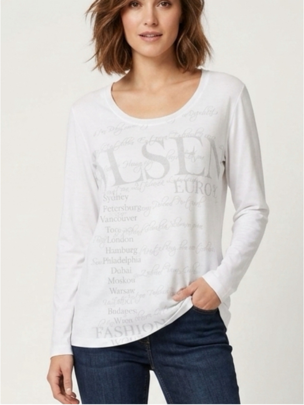 Olsen Europe White Long Sleeve Graphic Tee Scoop Neck City Typography Shirt 1362